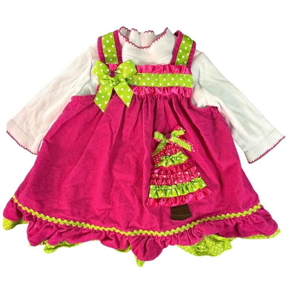 Rare Too! Baby Girls Pink Corduroy Christmas Tree Jumper Long Sleeve Set 12M